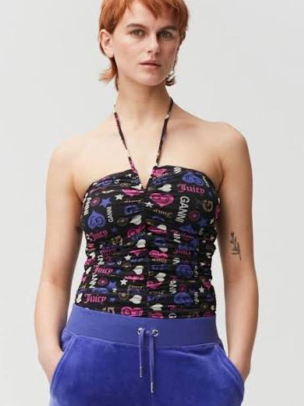 Ganni x Juicy Couture Mesh Ruched Halter Top Size 34 XS Black Multi